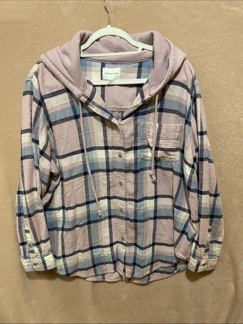 American Eagle Outfitters Pink and Blue Plaid Hooded Button-Down Shirt